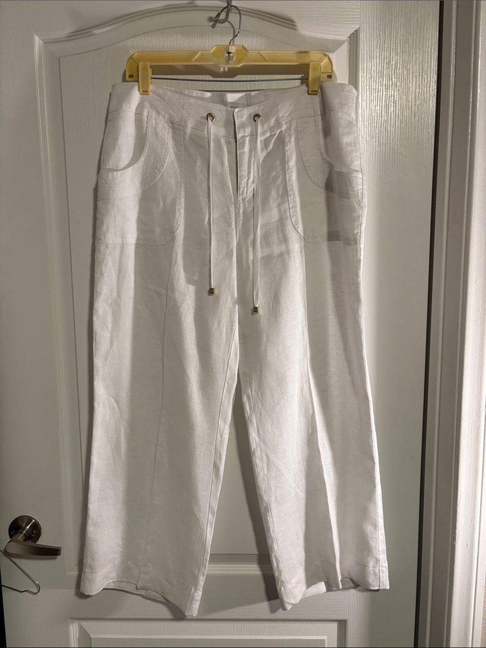 Jones New York White Drawstring 100% Linen Wide Leg ankle length